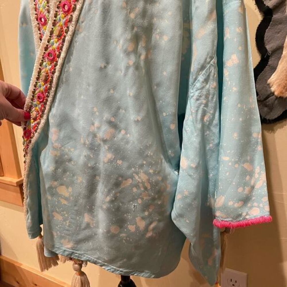 Skemo Boho Chic Splatter Print Kimono Tassels Cover Up Resortwear Vacation Beach - Picture 2 of 6